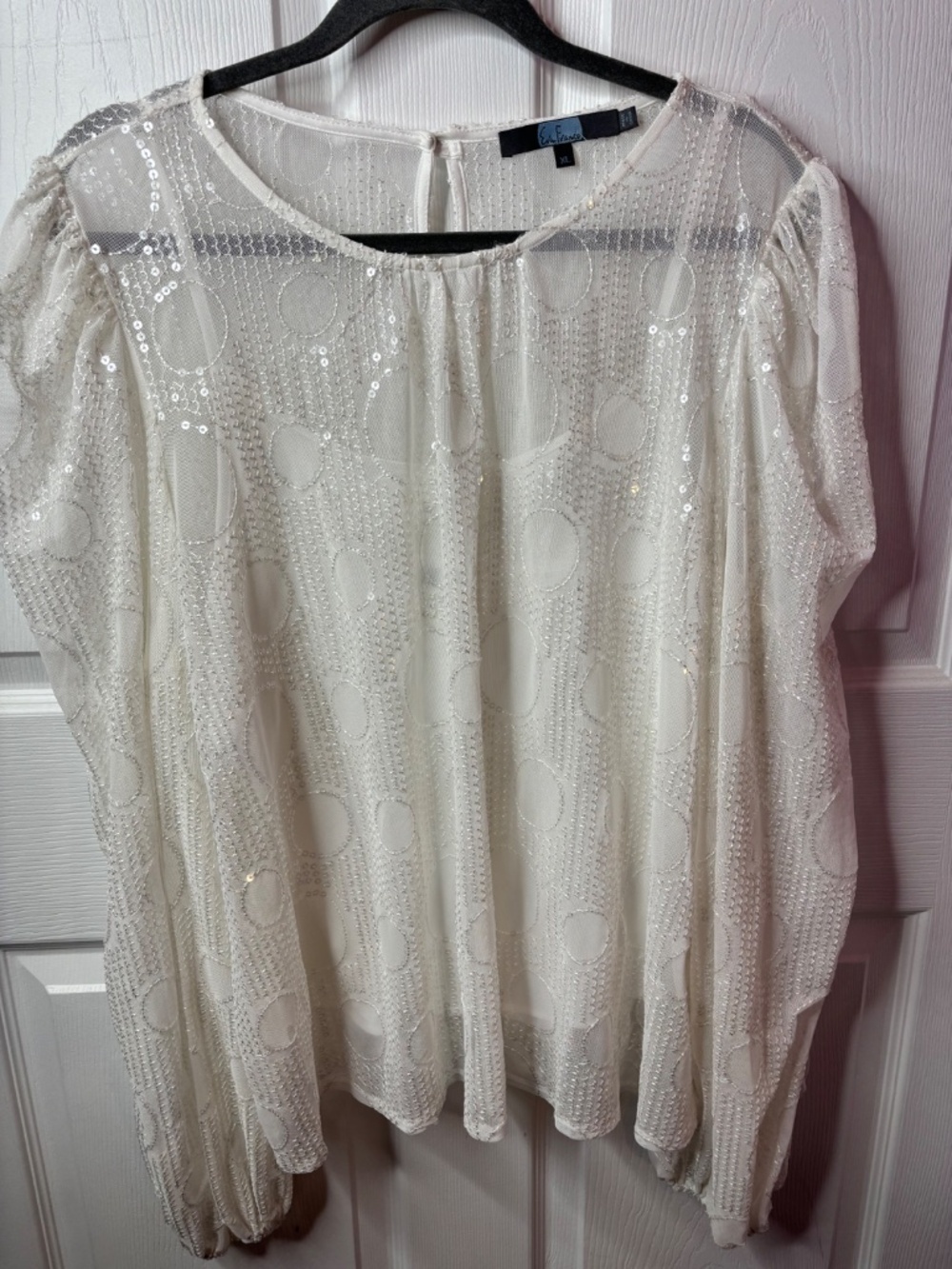 Eva Franco XL Ivory Sequin Embellished Sheer Mesh Blouse Keyhole Back Party Top